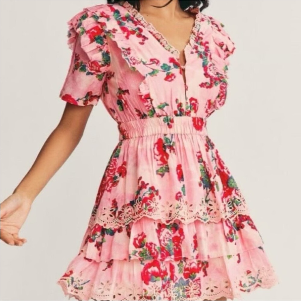 🌸 LoveShackFancy Aldina Dress M Pink Desert Flower Silk Lace Ruffle Cottagecore